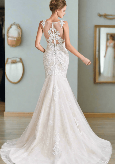 Ivory Stretch Satin & Lace Mermaid Wedding Dress with Sheer Button Back - Lumina Brides