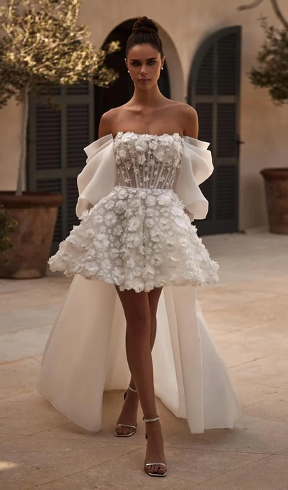 2 in 1 Mini Wedding Reception Dress with Flowers & Corset Back