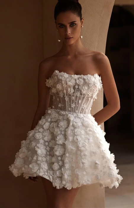2 in 1 Mini Wedding Reception Dress with Flowers & Corset Back