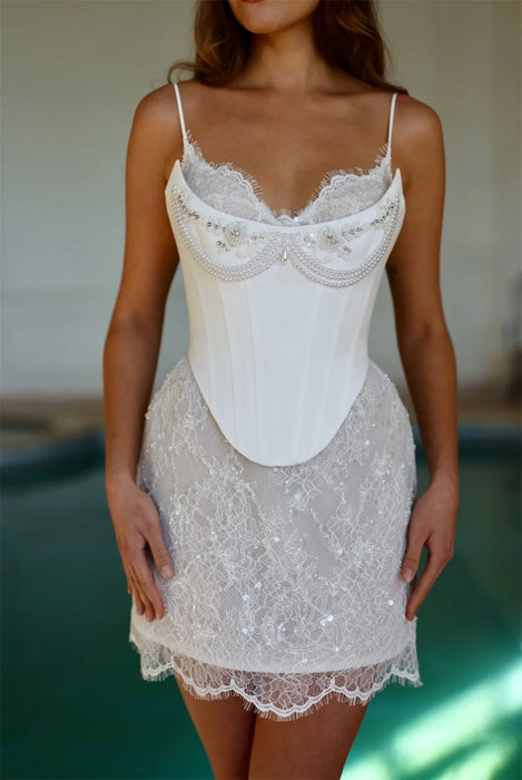 Short Mini Wedding Reception Dress with Scalloped Pearl Neckline