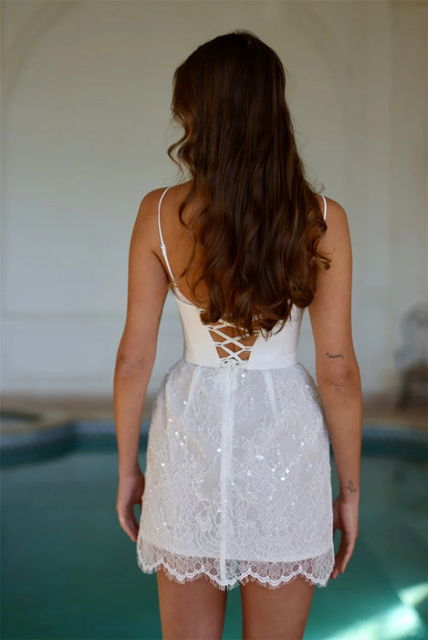 Short Mini Wedding Reception Dress with Scalloped Pearl Neckline