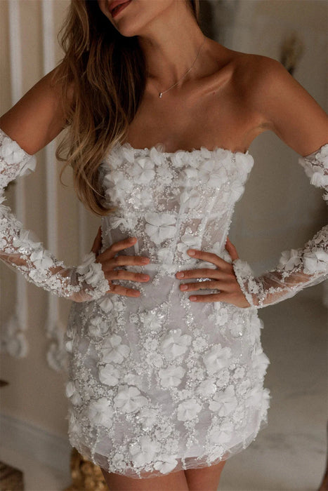 Short Mini 3D Floral Lace Boho Wedding Reception Dress with Corset Back