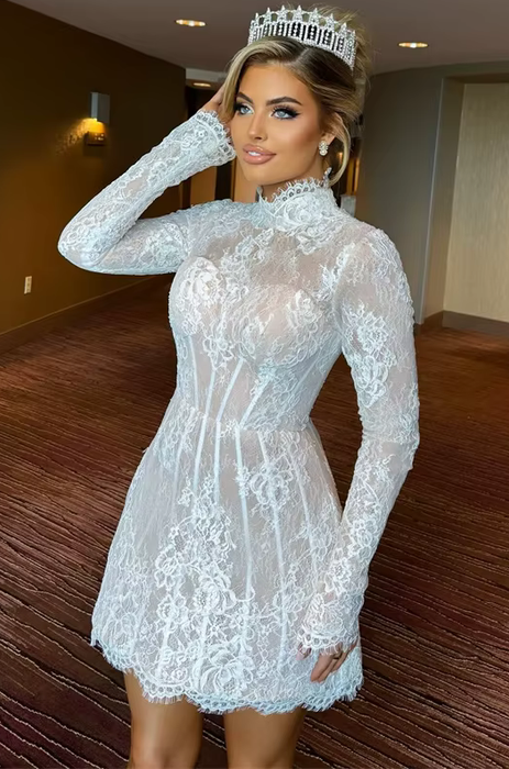 Elegant White Lace Short Mini Wedding Reception Dress with High Neck