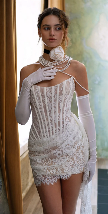 Unusual Mini Boho Short Wedding Dress Reception with Sheer Train
