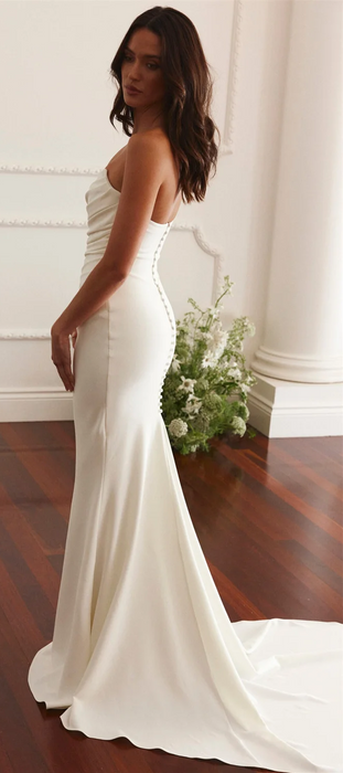 Elegant Plain Stretch Satin Mermaid Wedding Dress with Button Back