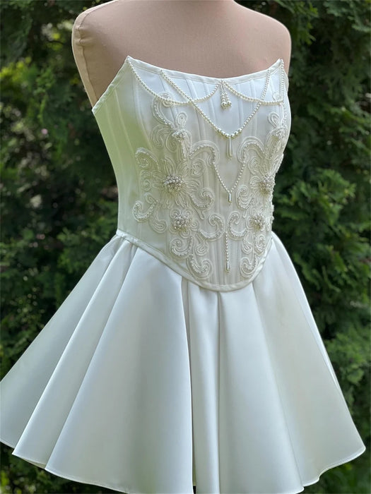Deluxe Satin Mini Wedding or Sexy Reception Dress with Pearls
