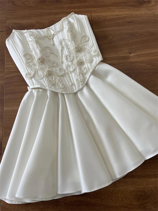 Deluxe Satin Mini Wedding or Sexy Reception Dress with Pearls