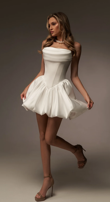 Drop Waist Ivory Satin Short Wedding Reception or After Party Dress