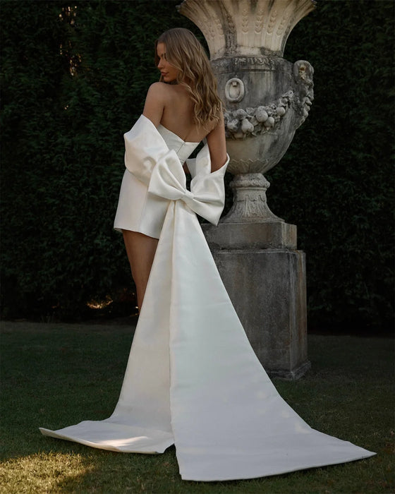 Ivory Satin Short Wedding Reception Dress with Unusual Back Bow Train