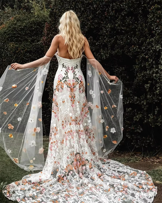 Pretty Casual Flower Boho Wedding or Ceremony Dress with Detachable Sleeves