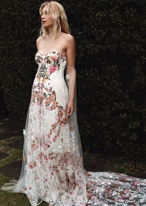 Pretty Casual Flower Boho Wedding or Ceremony Dress with Detachable Sleeves