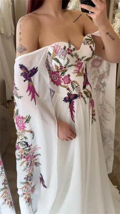 Casual Flower Boho Wedding or Ceremony Dress with Cape Sleeves