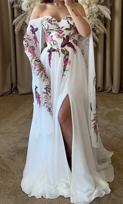 Casual Flower Boho Wedding or Ceremony Dress with Cape Sleeves