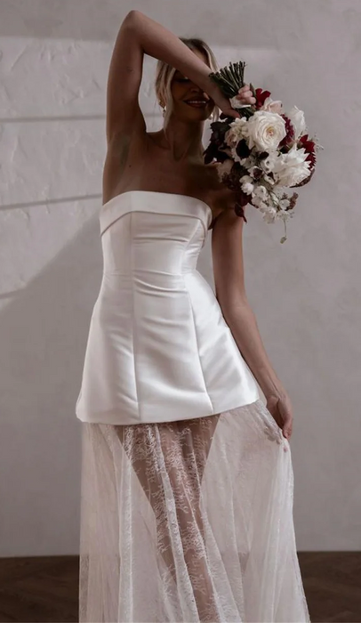 Short Satin Wedding or Reception Dress with Semi Sheer Lace Skirt