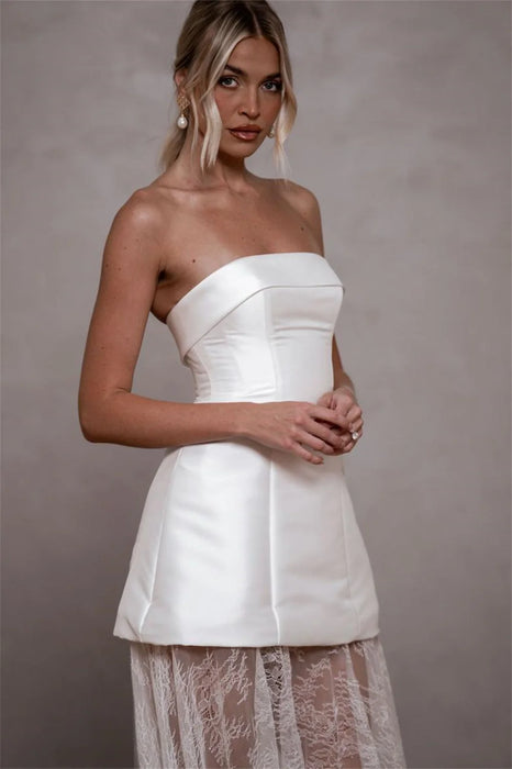 Short Satin Wedding or Reception Dress with Semi Sheer Lace Skirt