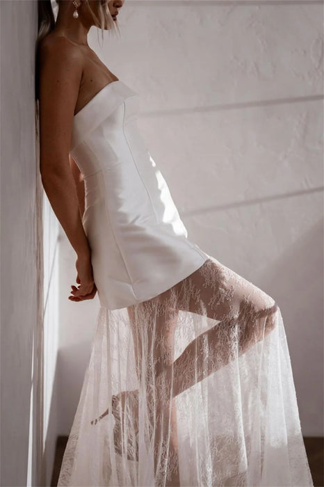 Short Satin Wedding or Reception Dress with Semi Sheer Lace Skirt