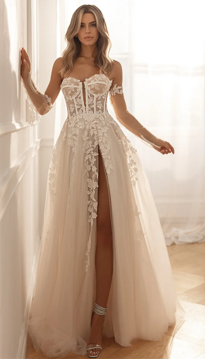 Chiffon & Lace Boho Wedding Dress with Detachable Sleeves