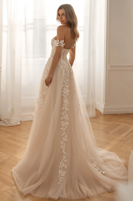 Chiffon & Lace Boho Wedding Dress with Detachable Sleeves