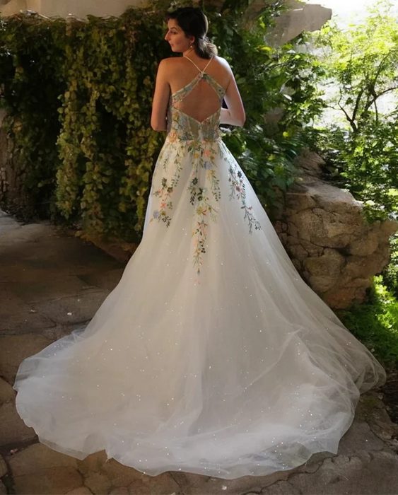 Sparkly White Flower Boho Wedding or Ceremony Dress with Unusual Back