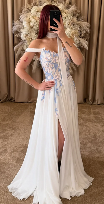 Simple Boho Chiffon Wedding or Ceremony Dress with Blue Flowers