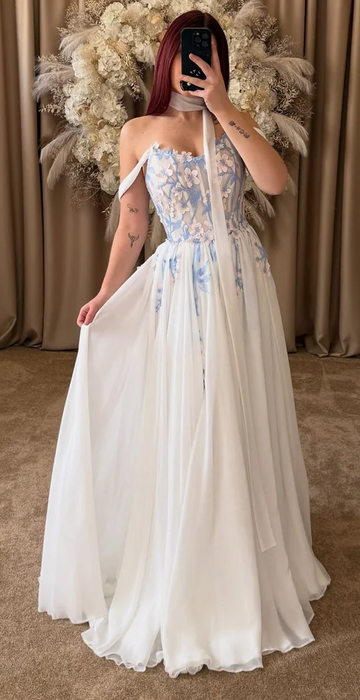 Simple Boho Chiffon Wedding or Ceremony Dress with Blue Flowers