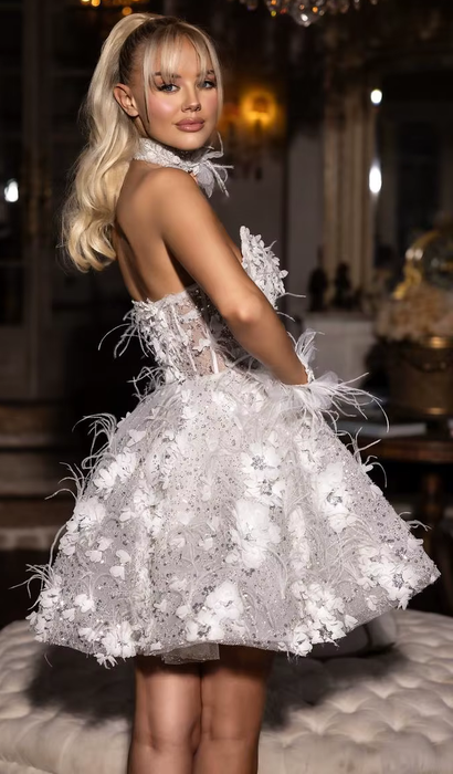 Lovely 3D Flower Lace Short Mini Wedding or Reception Dress