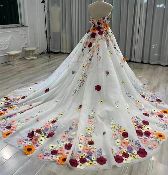 Dramatic 3DFlower Boho Wedding or Ceremony Ball Gown Dress