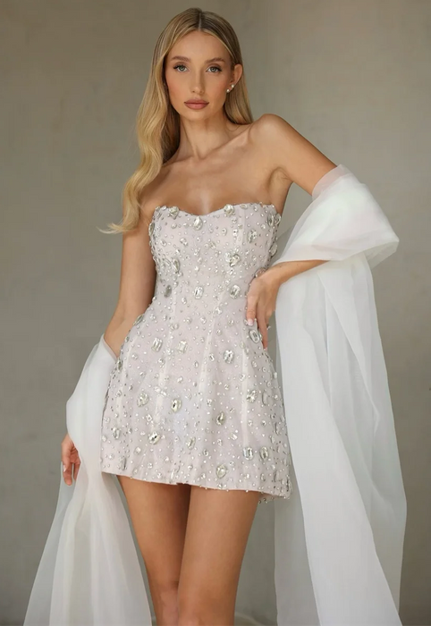 Short Rhinestone Sparkly Mini Wedding or Reception Dress with Chiffon Drape