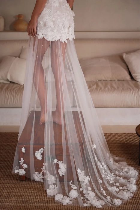 Unusual Short Mini 3D Flower Wedding Dress with Sheer Lace Skirt