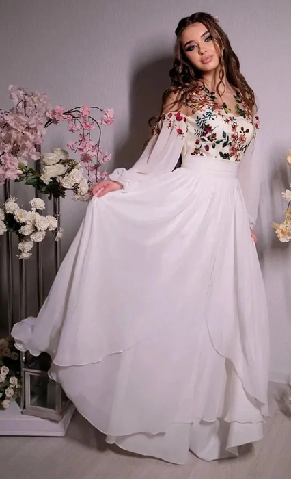 Simple Modest Boho Wedding or Ceremony Dress with Flower Bodice