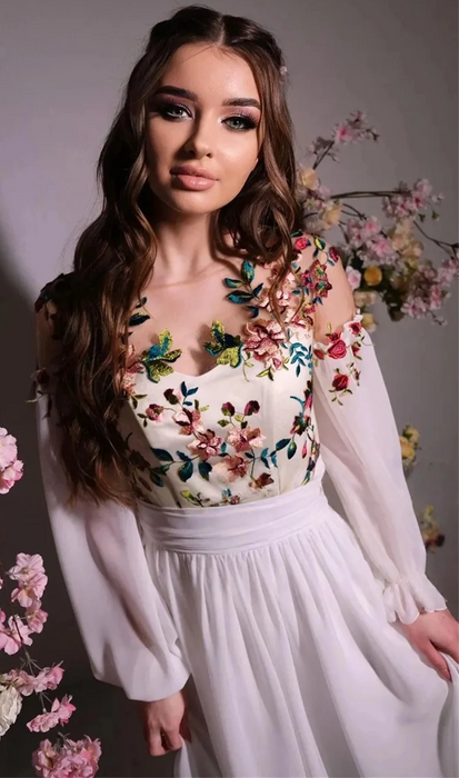 Simple Modest Boho Wedding or Ceremony Dress with Flower Bodice