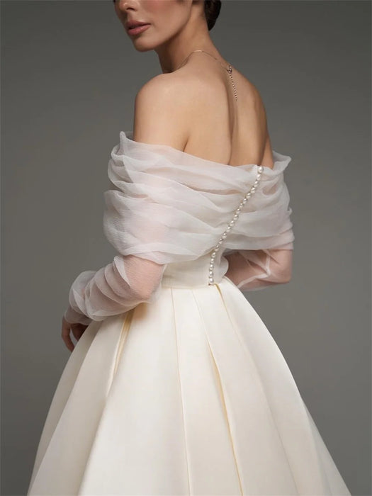 Simple Ivory Satin 3/4 Tea Length Wedding Dress with Bolero