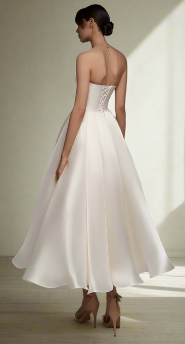 Simple Ivory Satin 3/4 Tea Length Wedding Dress with Bolero