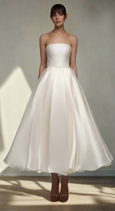 Simple Ivory Satin 3/4 Tea Length Wedding Dress with Bolero
