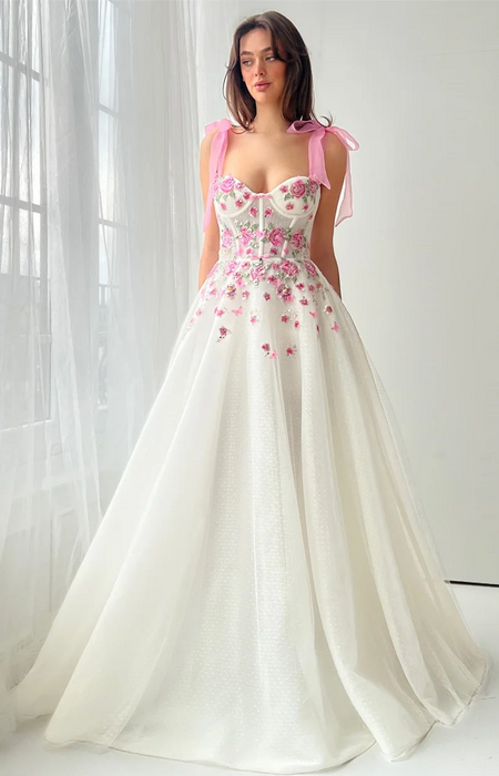 Delicate Pink Flower Boho White Chiffon Wedding or Ceremony Dress