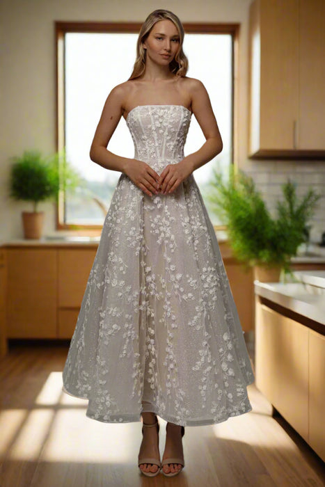 Casual Cold Shoulder Tea Length Nude Wedding Dress with Bolero