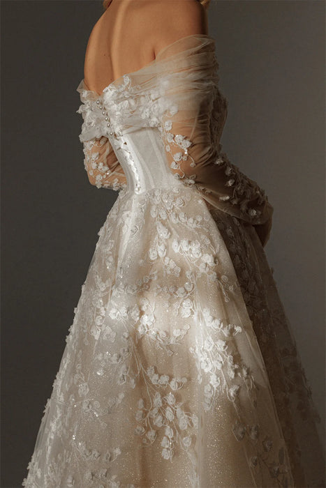 Casual Cold Shoulder Tea Length Nude Wedding Dress with Bolero