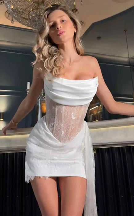 Unusual Sexy Mini Wedding or Reception Dress with Side Train