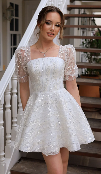 Sparkly Crystal Lace Mini Wedding or Reception Dress with Cap Sleeves