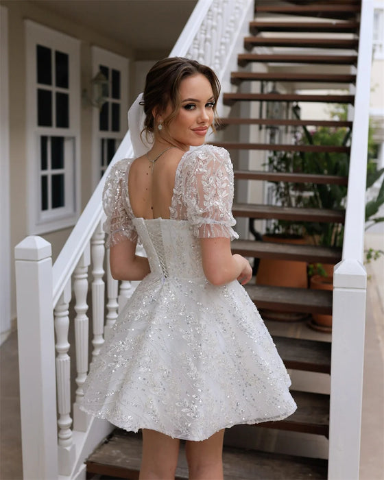 Sparkly Crystal Lace Mini Wedding or Reception Dress with Cap Sleeves