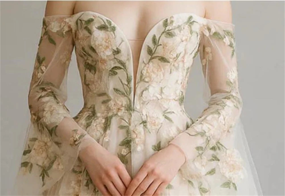 Pretty Informal Beige Flower Boho Wedding or Ceremony Dress