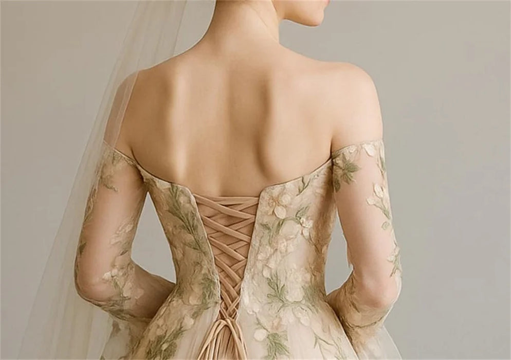 Pretty Informal Beige Flower Boho Wedding or Ceremony Dress