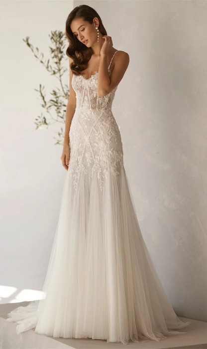 Lightweight Beach Boho Casual Wedding Dress with Beaded Pearl Straps