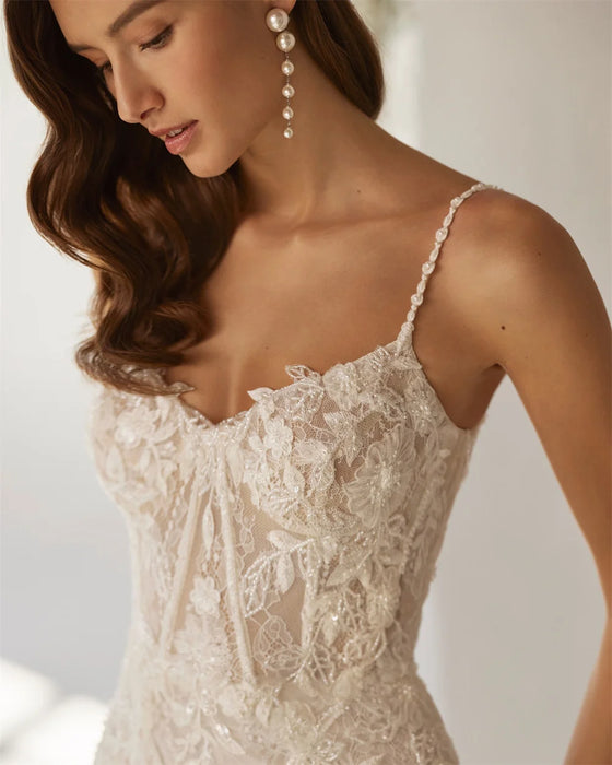 Lightweight Beach Boho Casual Wedding Dress with Beaded Pearl Straps