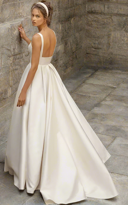 Square Neck Simple Pleated Satin Boho Wedding Dress with Open Back