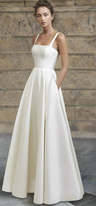 Square Neck Simple Pleated Satin Boho Wedding Dress with Open Back
