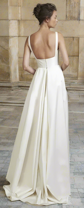 Square Neck Simple Pleated Satin Boho Wedding Dress with Open Back