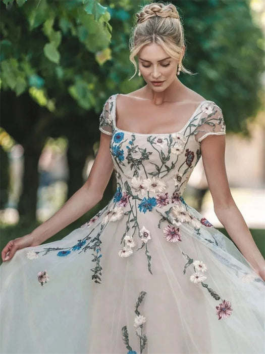 Lovely Chiffon 3D Flower Boho Wedding or Ceremony Dress with Detachable Sleeves