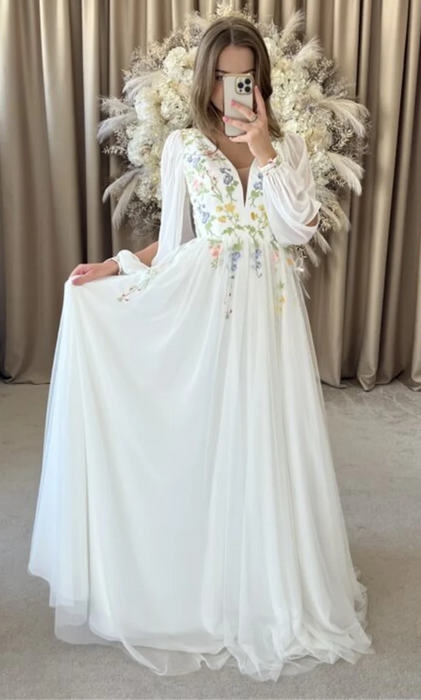 Long Sleeved Chiffon Boho Wedding or Ceremony Dress with Flowers