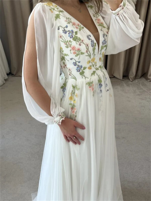 Long Sleeved Chiffon Boho Wedding or Ceremony Dress with Flowers